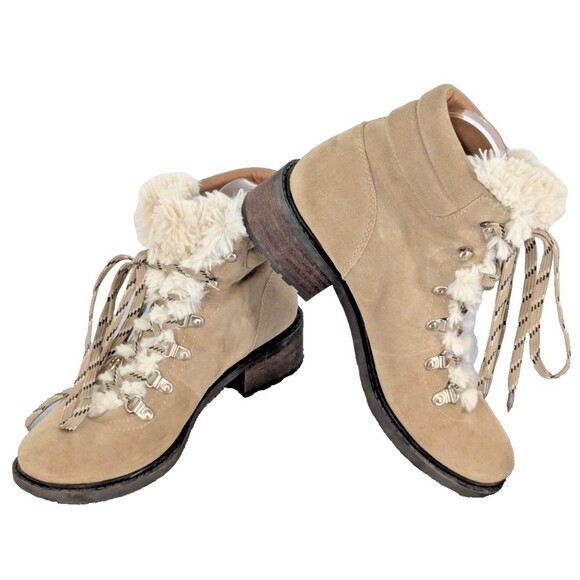 SAM EDELMAN Ankle Booties Size 8 Taupe Suede Lace Up Fur Tongue - Picture 1 of 10